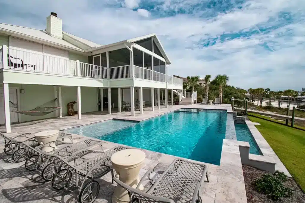 Luxurious poolside with scenic views.